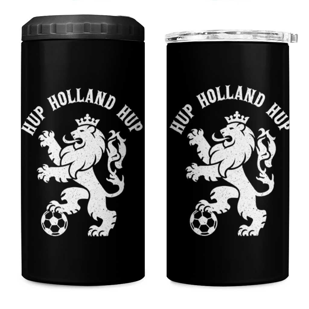 Hup Holland Hup Netherlands Crowned Lion Rampant Playing Football Graphic 4 in 1 Can Cooler Tumbler Nederlands Coat of Arms Inspo Dutch Soccer Fans