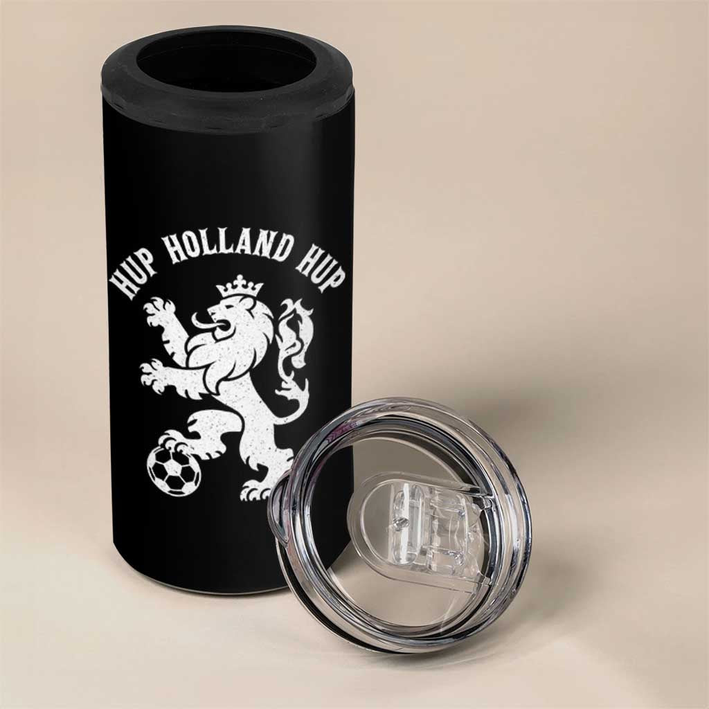 Hup Holland Hup Netherlands Crowned Lion Rampant Playing Football Graphic 4 in 1 Can Cooler Tumbler Nederlands Coat of Arms Inspo Dutch Soccer Fans