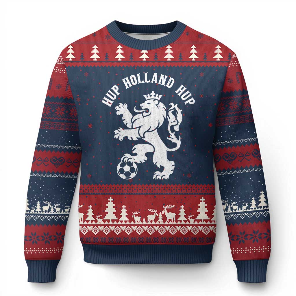 Hup Holland Hup Netherlands Crowned Lion Rampant Playing Football Graphic Ugly Christmas Sweater Nederlands Coat of Arms Inspo Dutch Soccer Fans