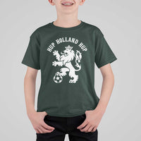 Hup Holland Hup Netherlands Crowned Lion Rampant Playing Football Graphic T Shirt For Kid Nederlands Coat of Arms Inspo Dutch Soccer Fans