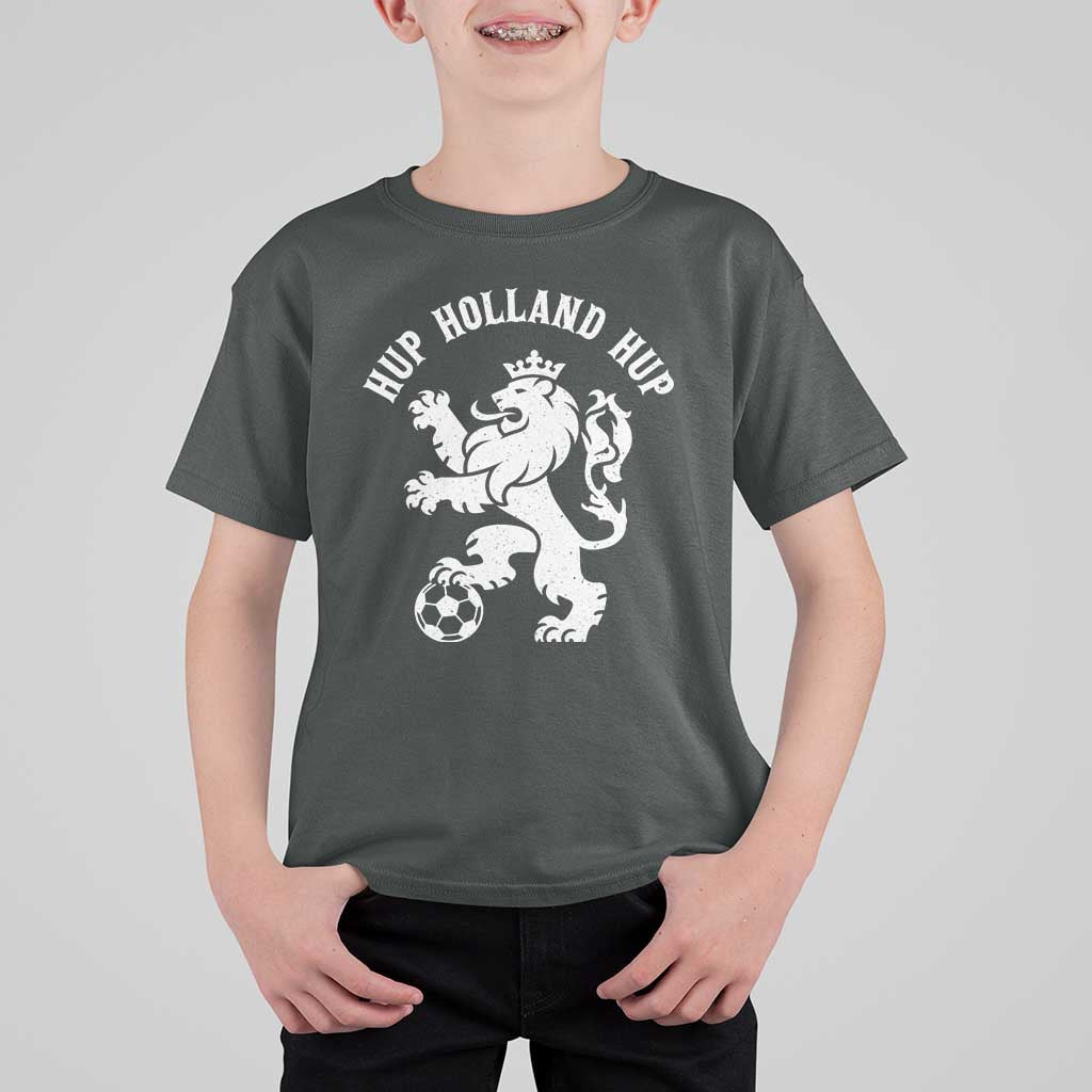 Hup Holland Hup Netherlands Crowned Lion Rampant Playing Football Graphic T Shirt For Kid Nederlands Coat of Arms Inspo Dutch Soccer Fans