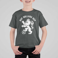 Hup Holland Hup Netherlands Crowned Lion Rampant Playing Football Graphic T Shirt For Kid Nederlands Coat of Arms Inspo Dutch Soccer Fans