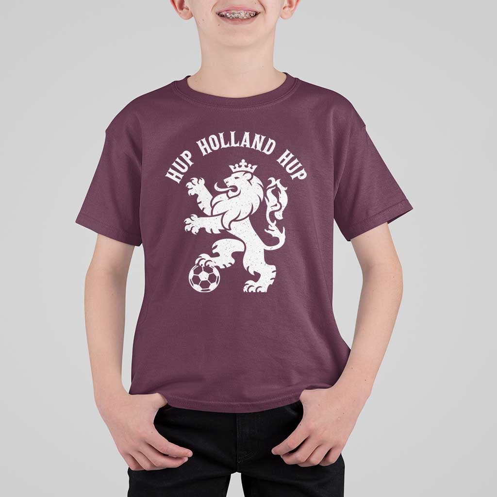 Hup Holland Hup Netherlands Crowned Lion Rampant Playing Football Graphic T Shirt For Kid Nederlands Coat of Arms Inspo Dutch Soccer Fans