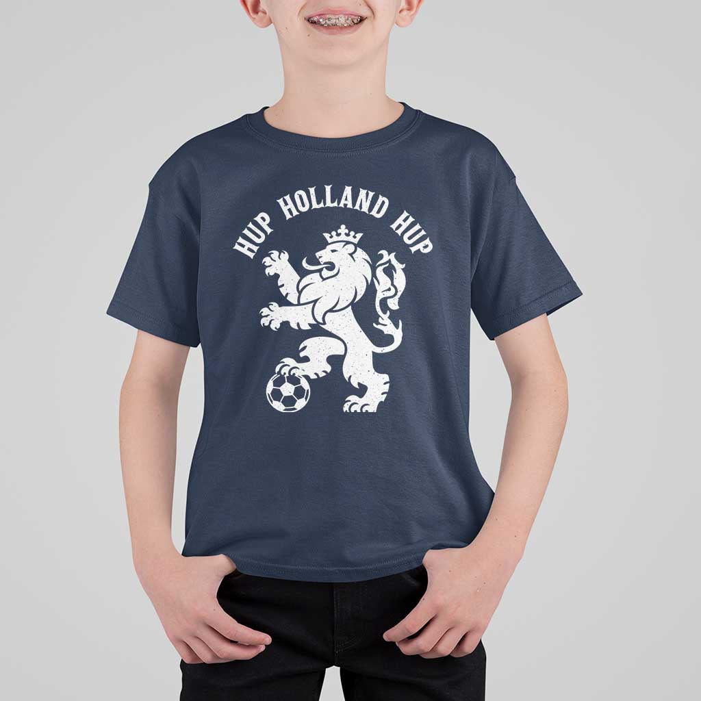 Hup Holland Hup Netherlands Crowned Lion Rampant Playing Football Graphic T Shirt For Kid Nederlands Coat of Arms Inspo Dutch Soccer Fans