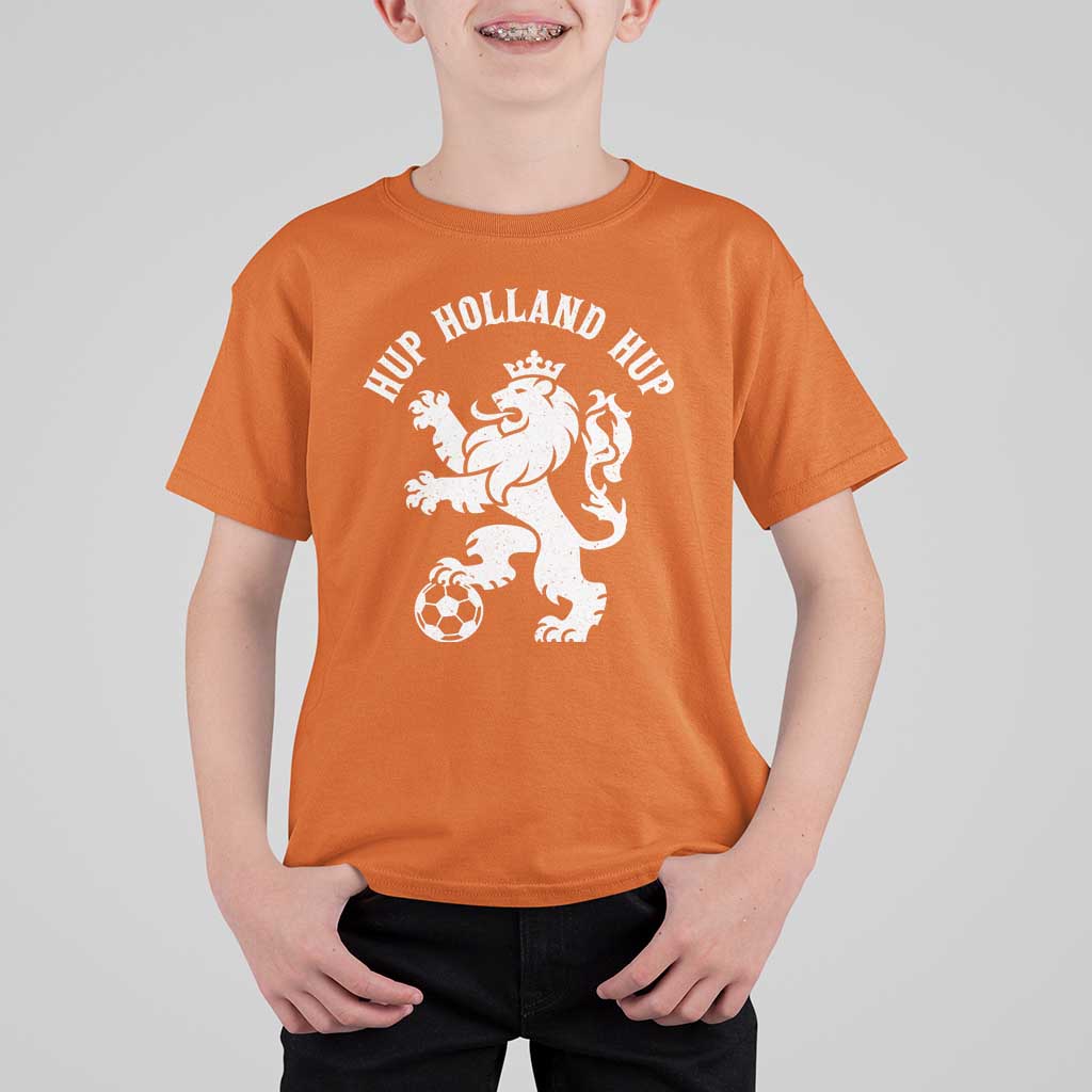 Hup Holland Hup Netherlands Crowned Lion Rampant Playing Football Graphic T Shirt For Kid Nederlands Coat of Arms Inspo Dutch Soccer Fans