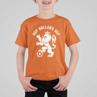 Hup Holland Hup Netherlands Crowned Lion Rampant Playing Football Graphic T Shirt For Kid Nederlands Coat of Arms Inspo Dutch Soccer Fans