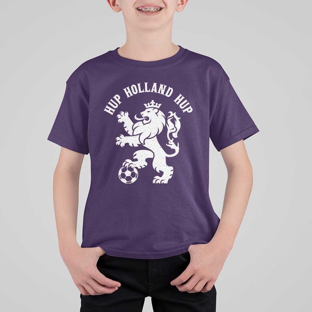 Hup Holland Hup Netherlands Crowned Lion Rampant Playing Football Graphic T Shirt For Kid Nederlands Coat of Arms Inspo Dutch Soccer Fans