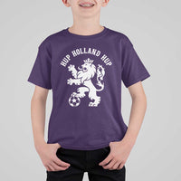Hup Holland Hup Netherlands Crowned Lion Rampant Playing Football Graphic T Shirt For Kid Nederlands Coat of Arms Inspo Dutch Soccer Fans