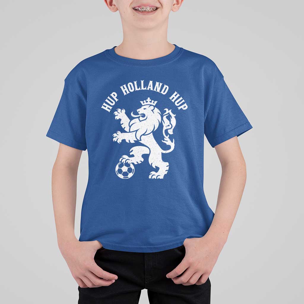 Hup Holland Hup Netherlands Crowned Lion Rampant Playing Football Graphic T Shirt For Kid Nederlands Coat of Arms Inspo Dutch Soccer Fans