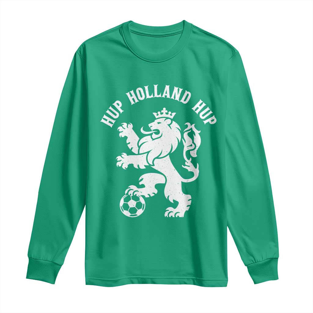 Hup Holland Hup Netherlands Crowned Lion Rampant Playing Football Graphic Long Sleeve Shirt Nederlands Coat of Arms Inspo Dutch Soccer Fans