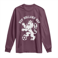 Hup Holland Hup Netherlands Crowned Lion Rampant Playing Football Graphic Long Sleeve Shirt Nederlands Coat of Arms Inspo Dutch Soccer Fans
