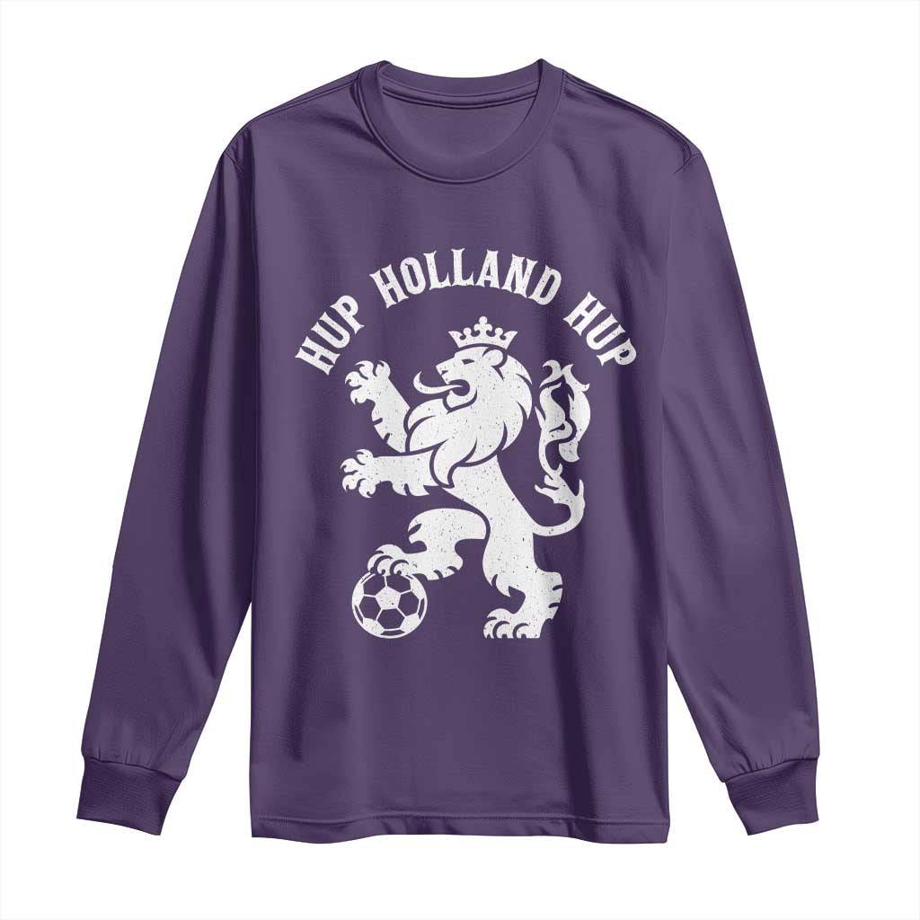 Hup Holland Hup Netherlands Crowned Lion Rampant Playing Football Graphic Long Sleeve Shirt Nederlands Coat of Arms Inspo Dutch Soccer Fans