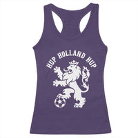 Hup Holland Hup Netherlands Crowned Lion Rampant Playing Football Graphic Racerback Tank Top Nederlands Coat of Arms Inspo Dutch Soccer Fans