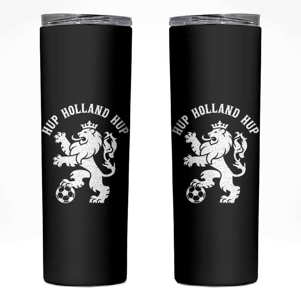 Hup Holland Hup Netherlands Crowned Lion Rampant Playing Football Graphic Skinny Tumbler Nederlands Coat of Arms Inspo Dutch Soccer Fans