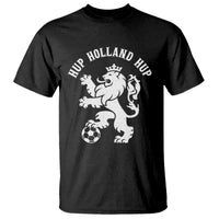 Hup Holland Hup Netherlands Crowned Lion Rampant Playing Football Graphic T Shirt Nederlands Coat of Arms Inspo Dutch Soccer Fans