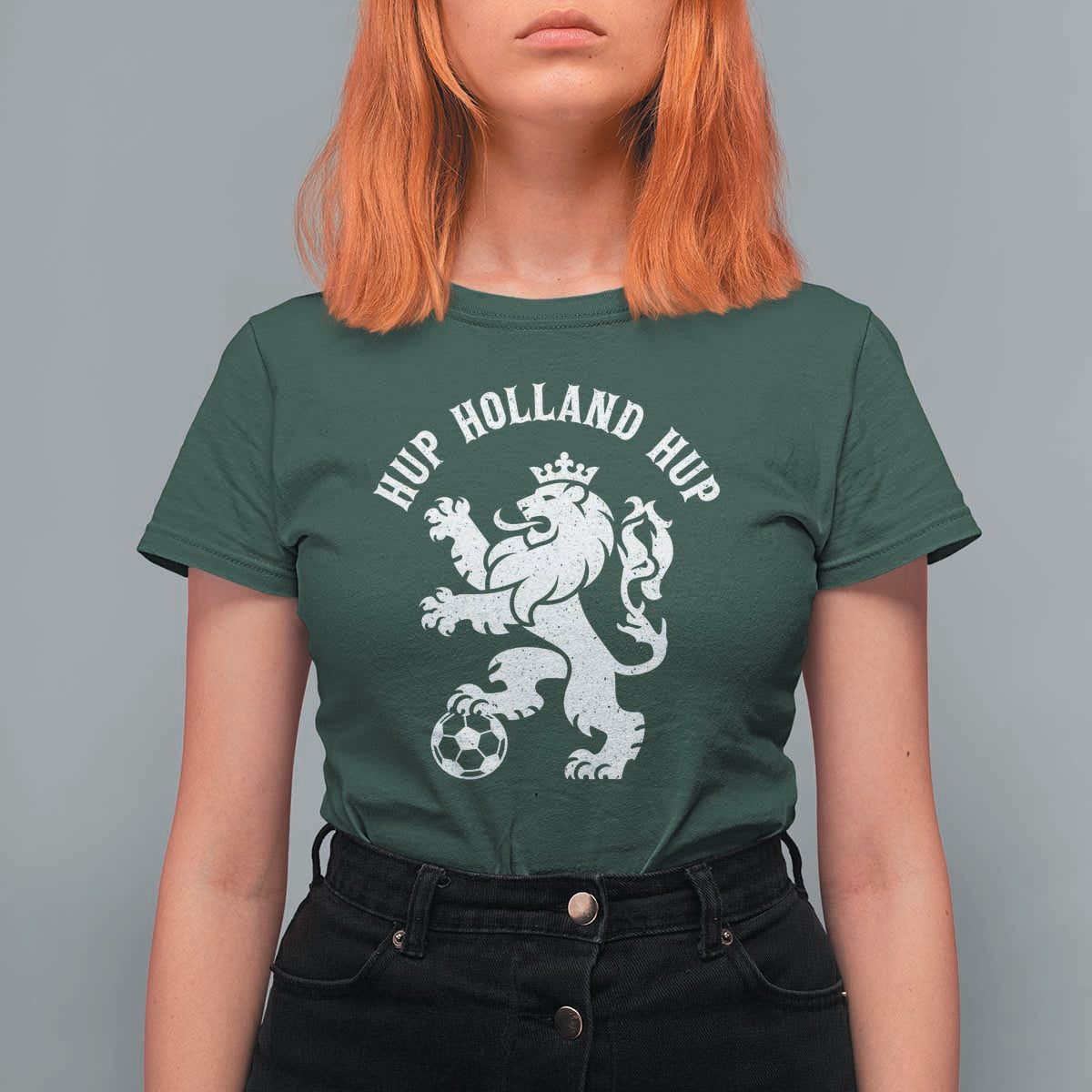 Hup Holland Hup Netherlands Crowned Lion Rampant Playing Football Graphic T Shirt For Women Nederlands Coat of Arms Inspo Dutch Soccer Fans