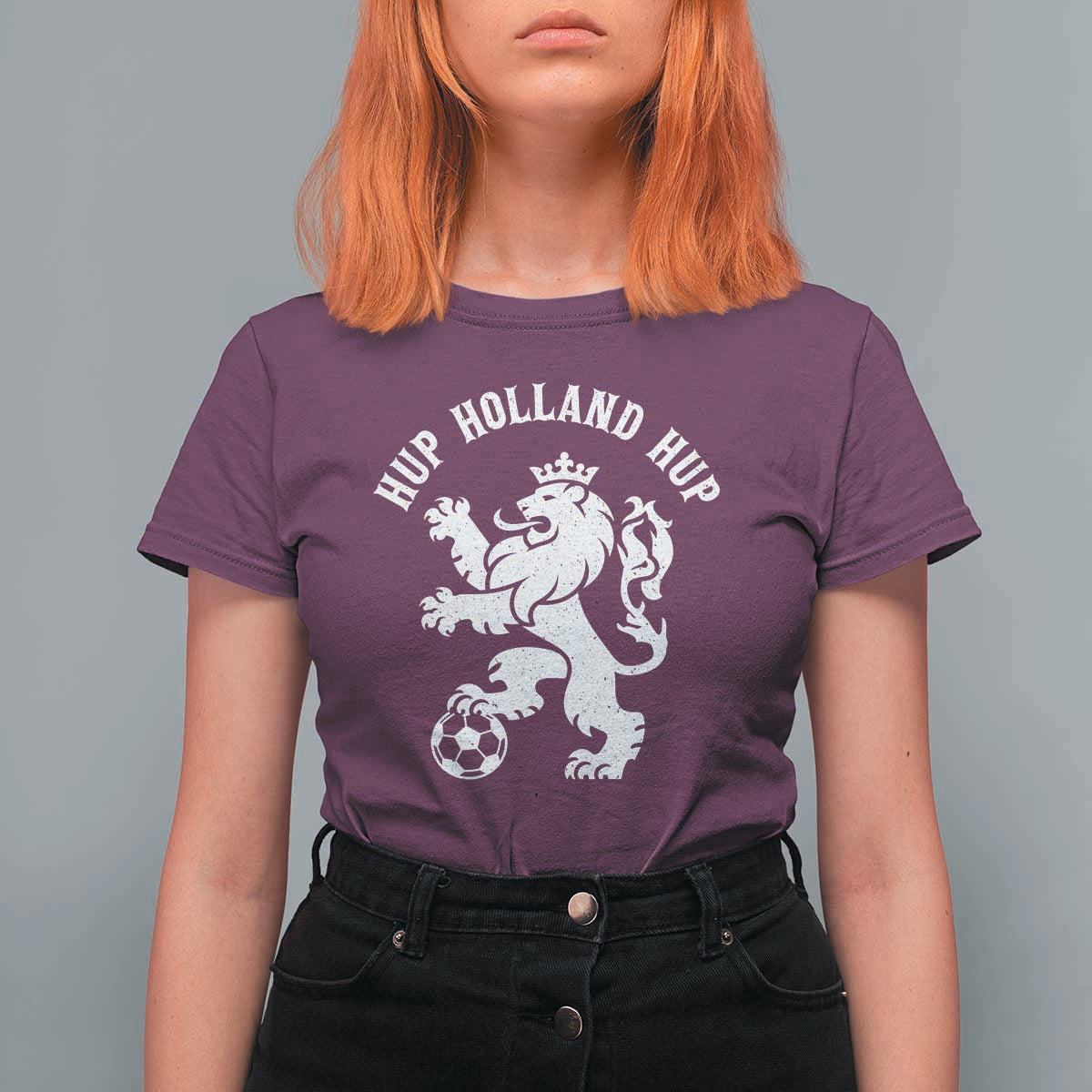 Hup Holland Hup Netherlands Crowned Lion Rampant Playing Football Graphic T Shirt For Women Nederlands Coat of Arms Inspo Dutch Soccer Fans