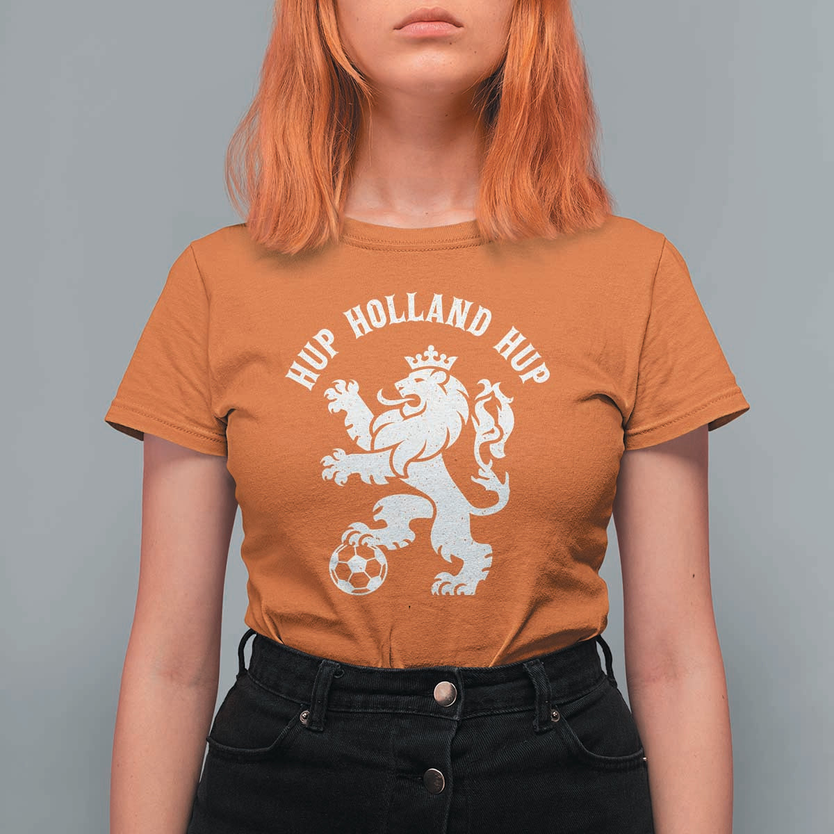 Hup Holland Hup Netherlands Crowned Lion Rampant Playing Football Graphic T Shirt For Women Nederlands Coat of Arms Inspo Dutch Soccer Fans