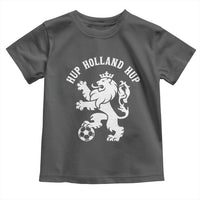Hup Holland Hup Netherlands Crowned Lion Rampant Playing Football Graphic Toddler T Shirt Nederlands Coat of Arms Inspo Dutch Soccer Fans
