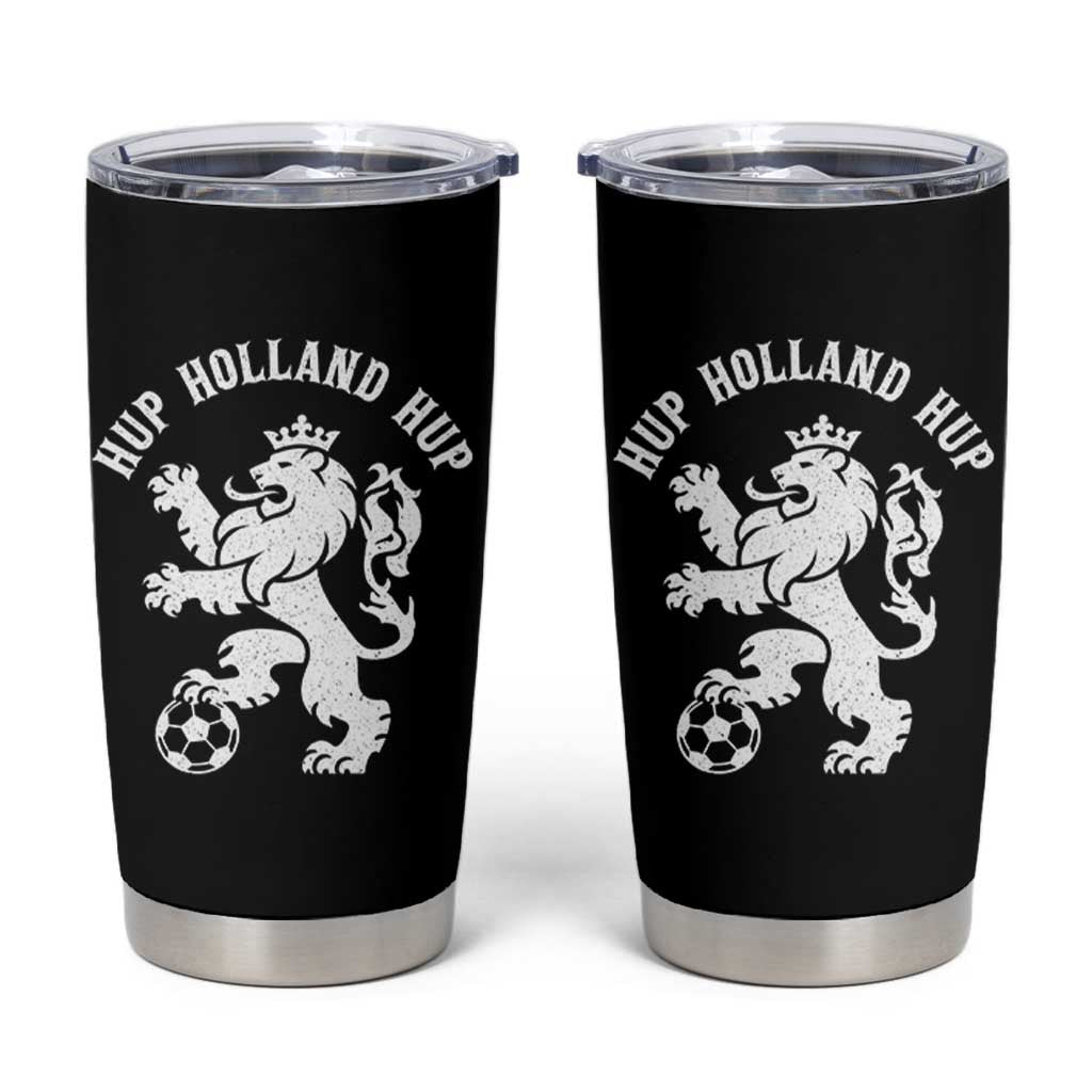 Hup Holland Hup Netherlands Crowned Lion Rampant Playing Football Graphic Tumbler Cup Nederlands Coat of Arms Inspo Dutch Soccer Fans