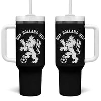Hup Holland Hup Netherlands Crowned Lion Rampant Playing Football Graphic Tumbler With Handle Nederlands Coat of Arms Inspo Dutch Soccer Fans
