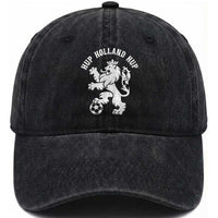 Hup Holland Hup Netherlands Crowned Lion Rampant Playing Football Graphic Washed Cotton Baseball Cap Nederlands Coat of Arms Inspo Dutch Soccer Fans