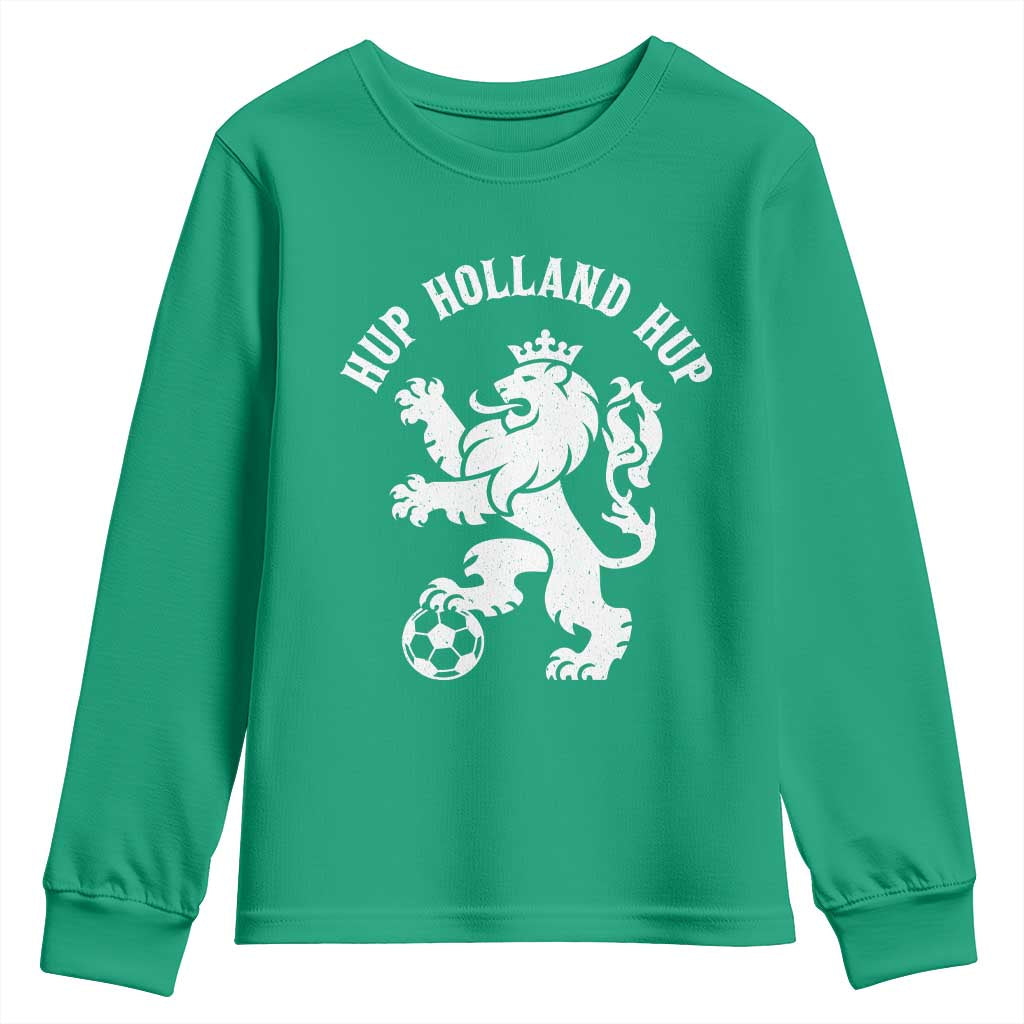 Hup Holland Hup Netherlands Crowned Lion Rampant Playing Football Graphic Youth Sweatshirt Nederlands Coat of Arms Inspo Dutch Soccer Fans