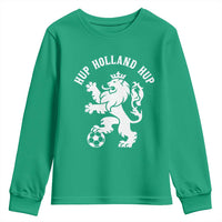 Hup Holland Hup Netherlands Crowned Lion Rampant Playing Football Graphic Youth Sweatshirt Nederlands Coat of Arms Inspo Dutch Soccer Fans