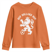 Hup Holland Hup Netherlands Crowned Lion Rampant Playing Football Graphic Youth Sweatshirt Nederlands Coat of Arms Inspo Dutch Soccer Fans