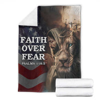 Faith Over Fear Psalm 118:5 Christian Patriotic Throw Blanket Jesus Lion Cross American Flag