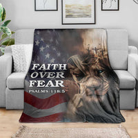 Faith Over Fear Psalm 118:5 Christian Patriotic Throw Blanket Jesus Lion Cross American Flag