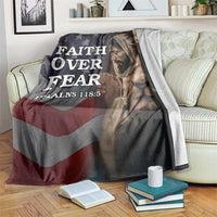 Faith Over Fear Psalm 118:5 Christian Patriotic Throw Blanket Jesus Lion Cross American Flag