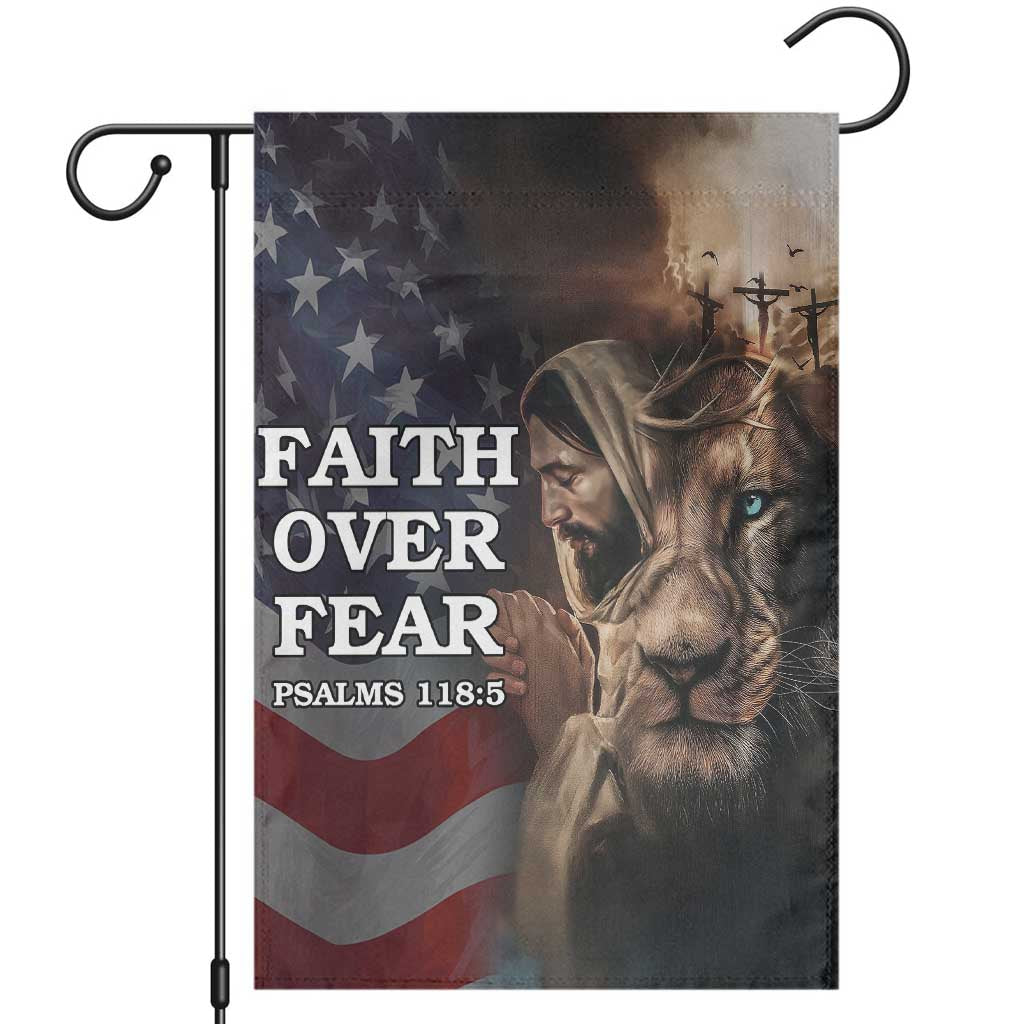 Faith Over Fear Psalm 118:5 Christian Patriotic Garden Flag Jesus Lion Cross American Flag