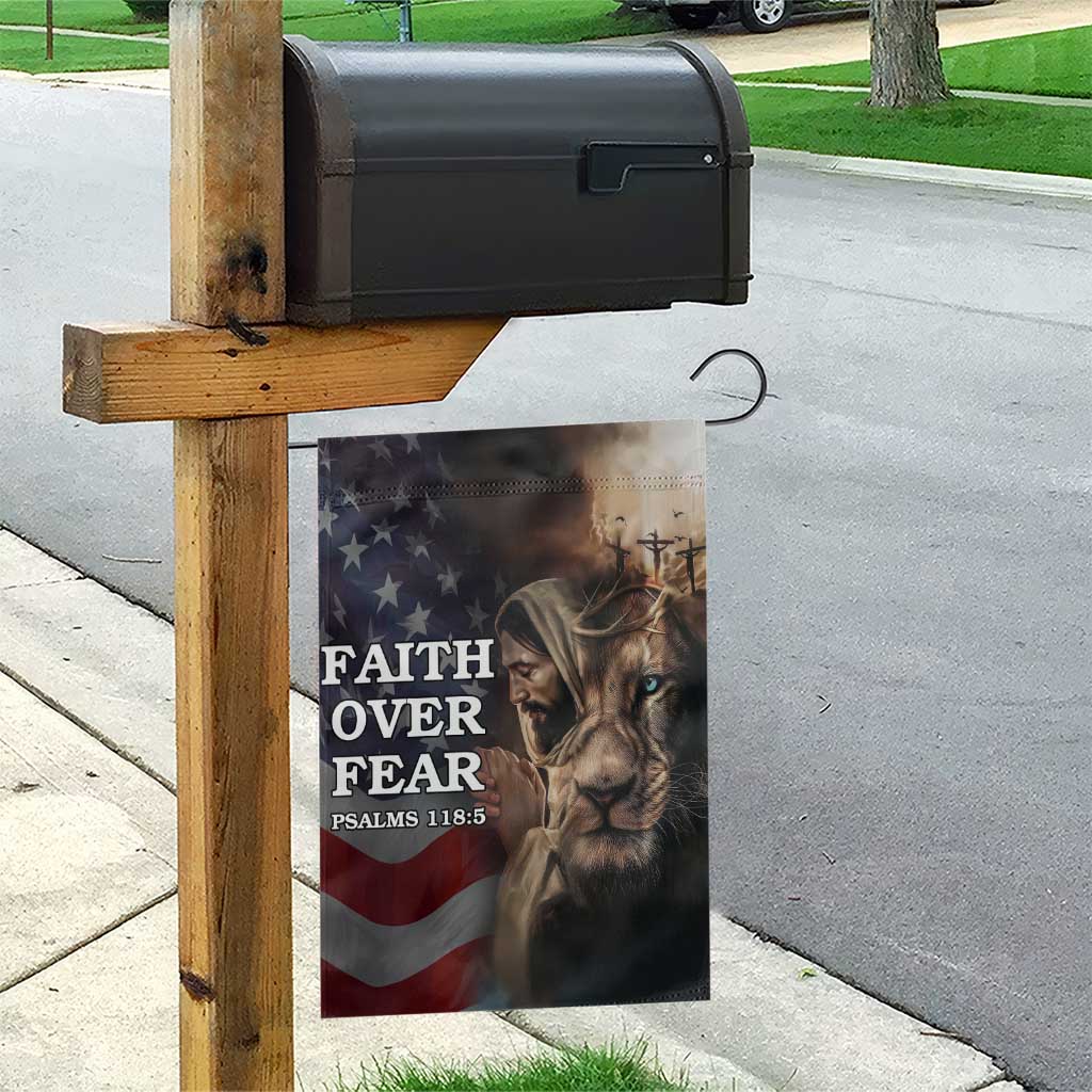 Faith Over Fear Psalm 118:5 Christian Patriotic Garden Flag Jesus Lion Cross American Flag