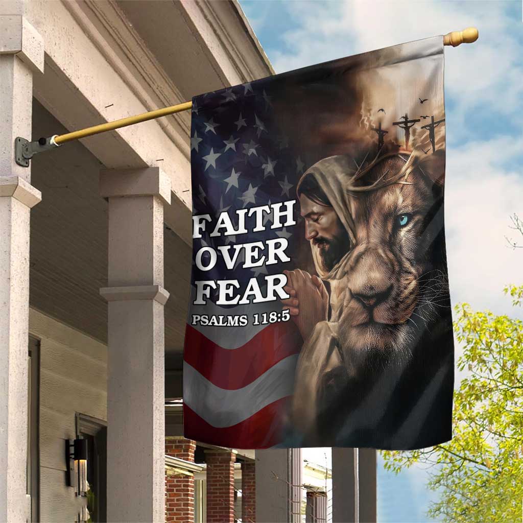 Faith Over Fear Psalm 118:5 Christian Patriotic Garden Flag Jesus Lion Cross American Flag