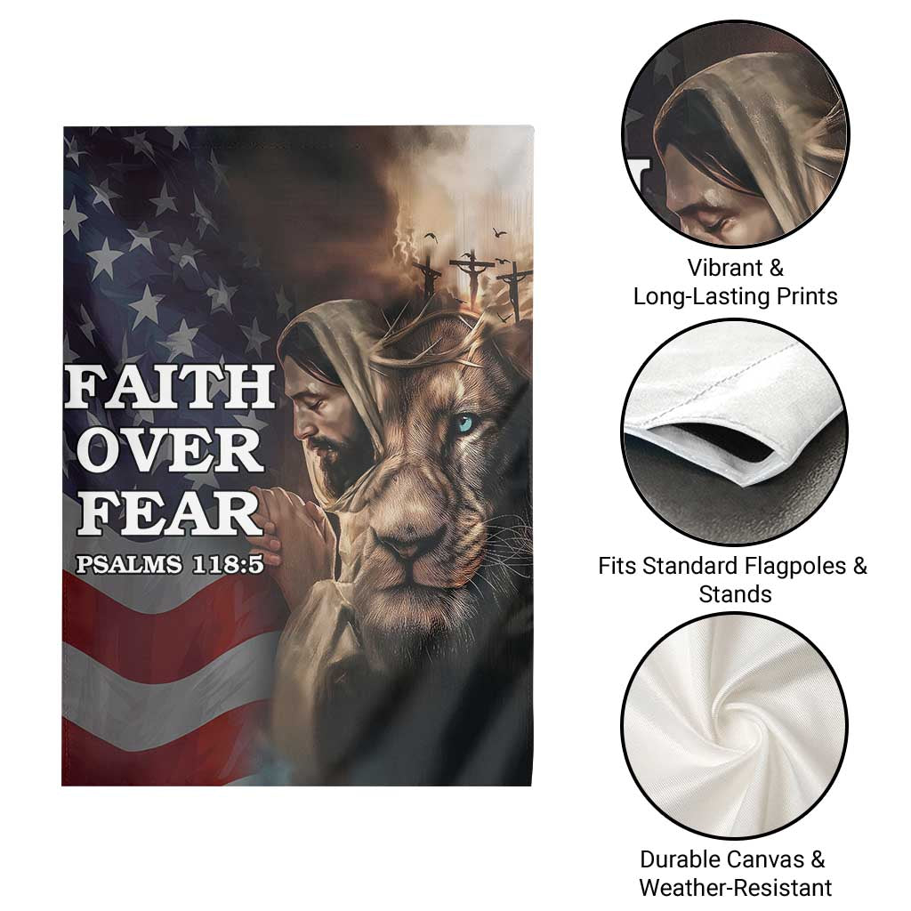 Faith Over Fear Psalm 118:5 Christian Patriotic Garden Flag Jesus Lion Cross American Flag