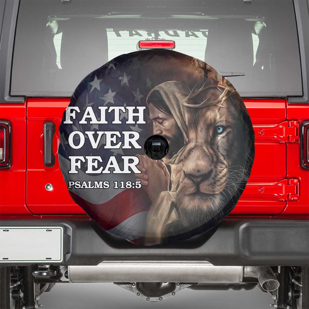Faith Over Fear Psalm 118:5 Christian Patriotic Spare Tire Cover Jesus Lion Cross American Flag