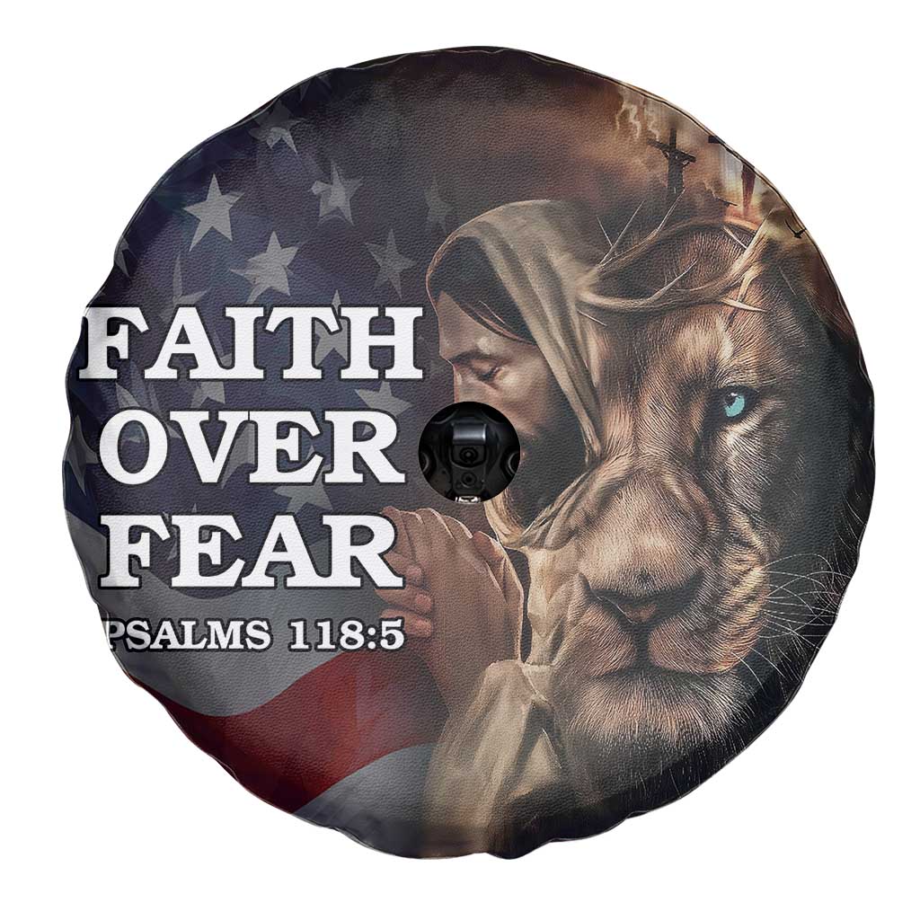 Faith Over Fear Psalm 118:5 Christian Patriotic Spare Tire Cover Jesus Lion Cross American Flag
