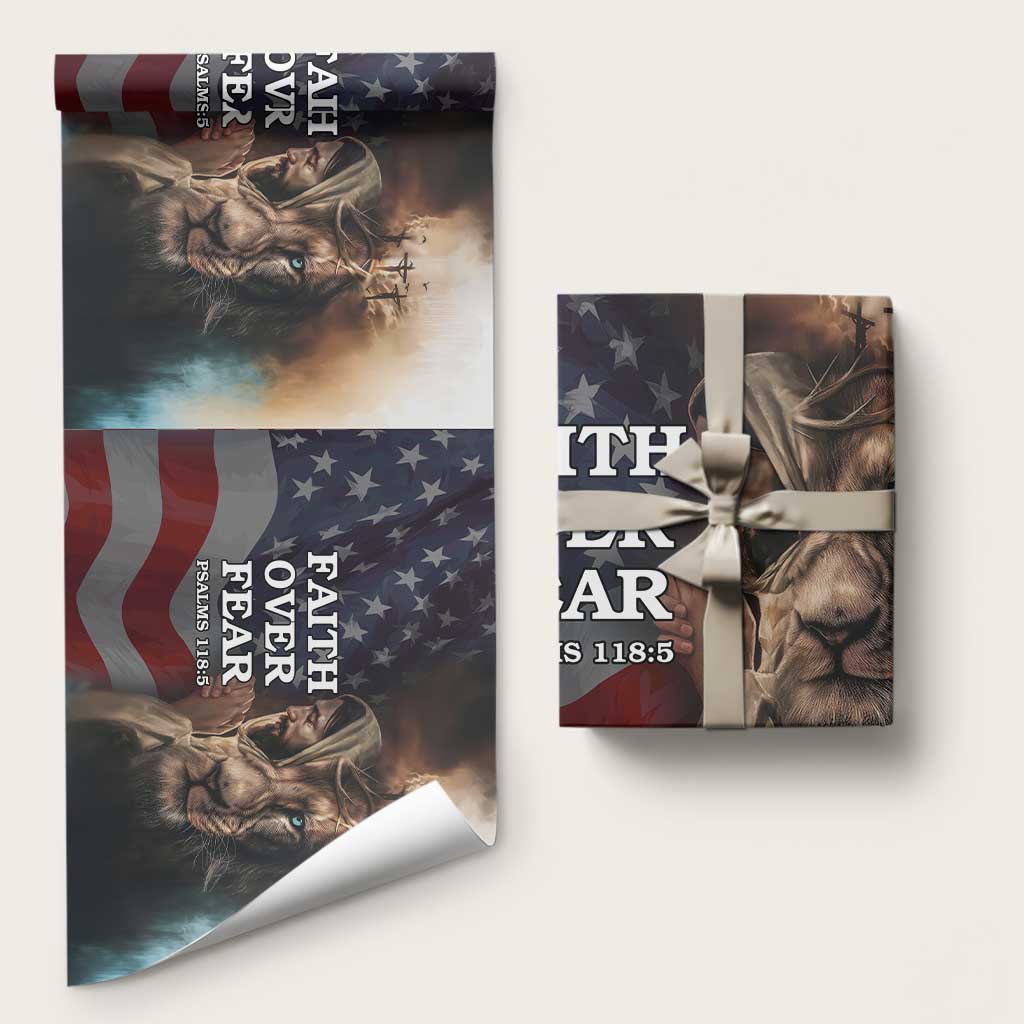 Faith Over Fear Psalm 118:5 Christian Patriotic Wrapping Paper Roll Jesus Lion Cross American Flag