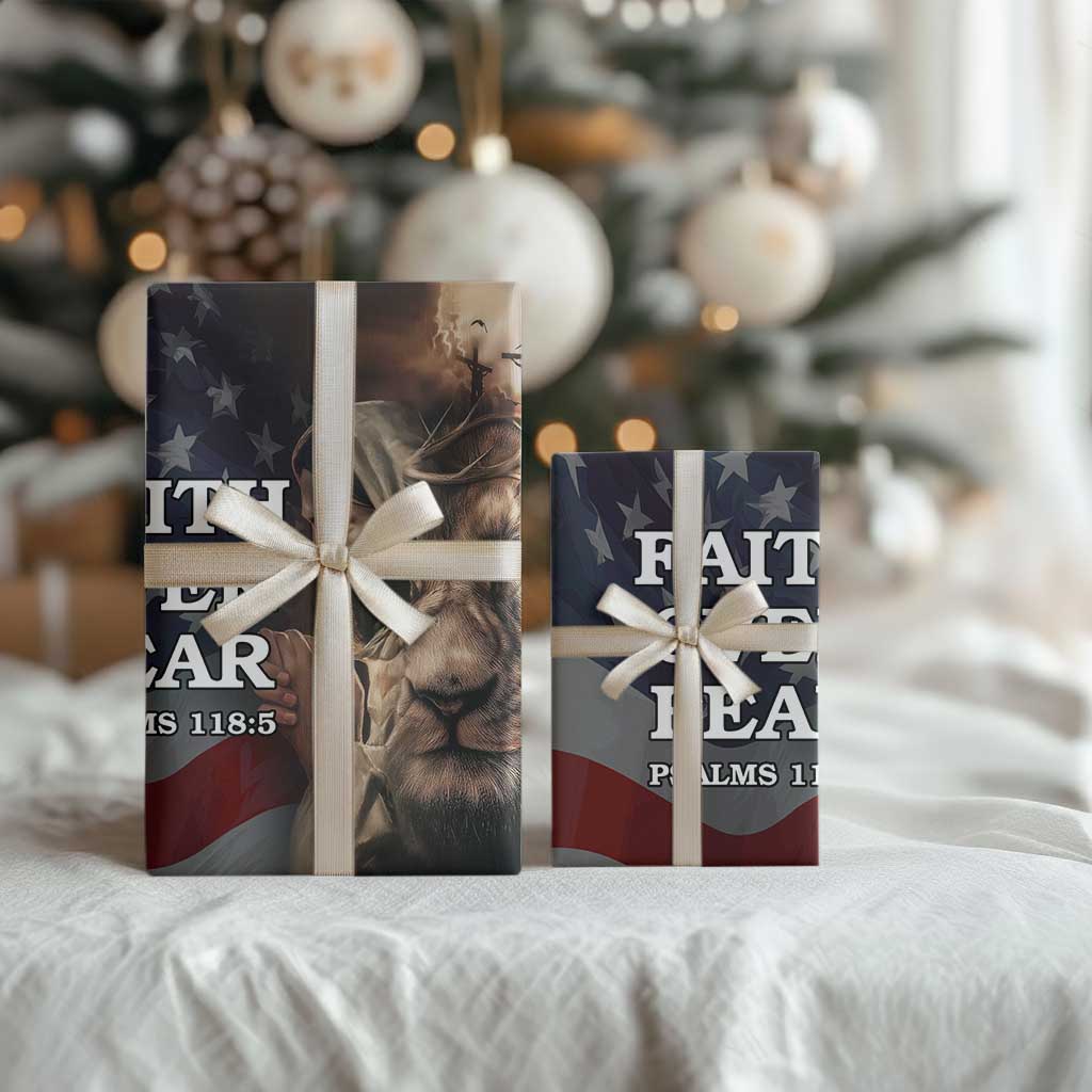 Faith Over Fear Psalm 118:5 Christian Patriotic Wrapping Paper Roll Jesus Lion Cross American Flag