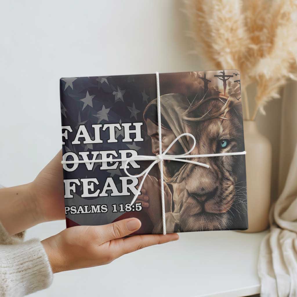 Faith Over Fear Psalm 118:5 Christian Patriotic Wrapping Paper Roll Jesus Lion Cross American Flag