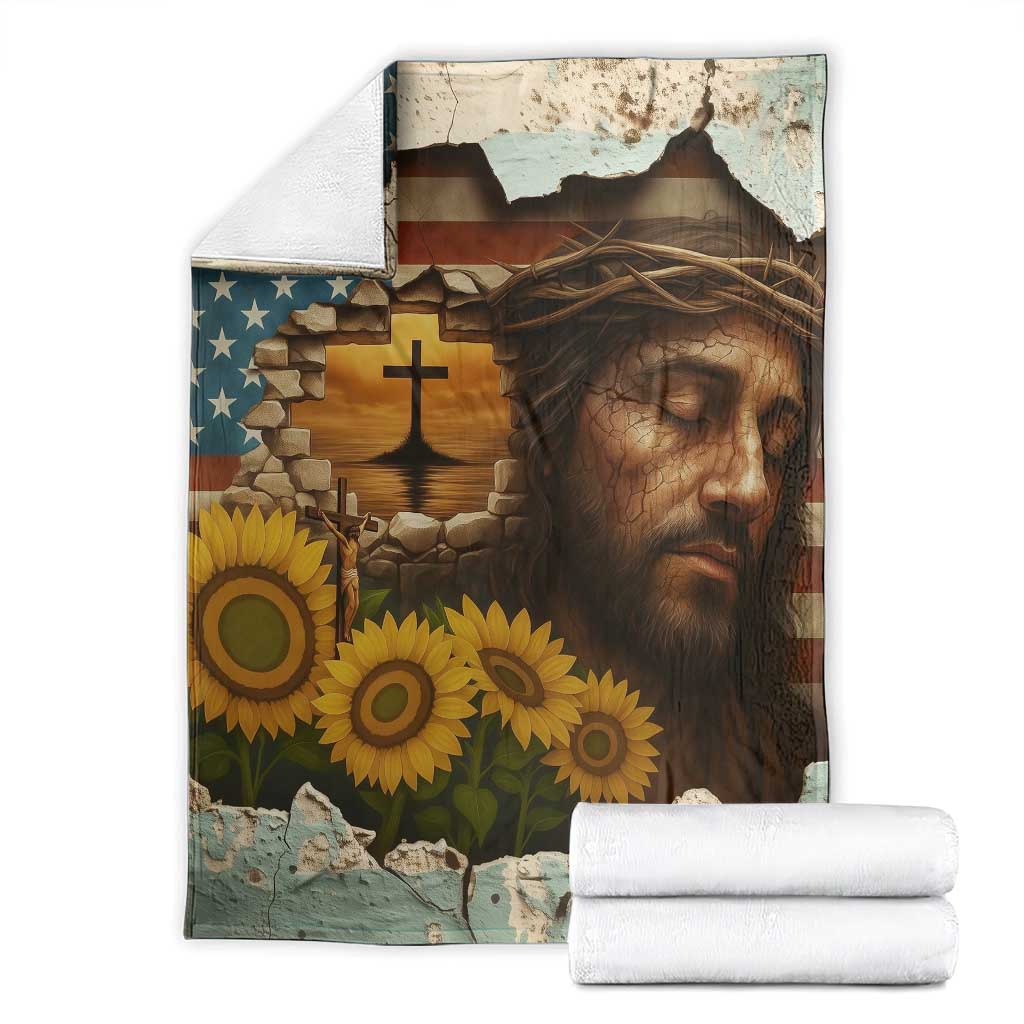 Christian American Cross Jesus Crown of Thorns Throw Blanket Patriotic Sunset with Sunflowers