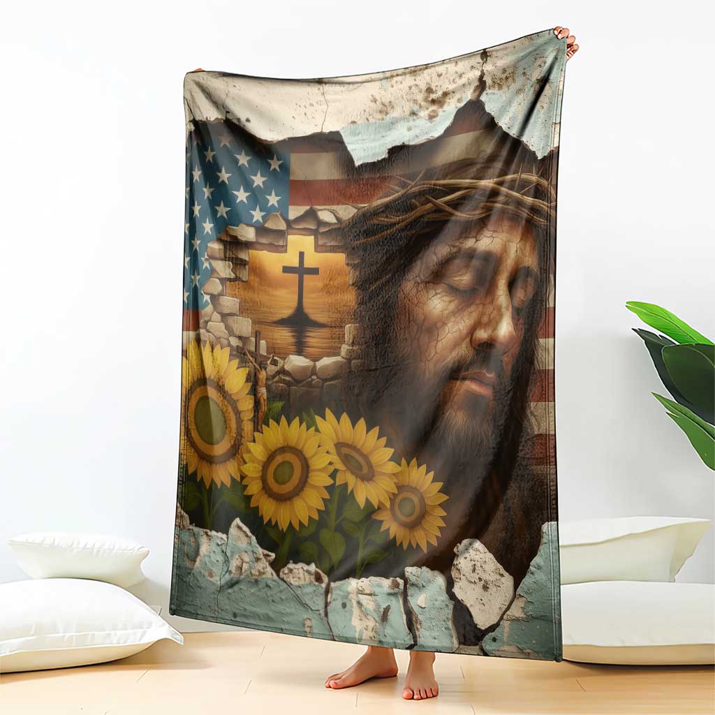 Christian American Cross Jesus Crown of Thorns Throw Blanket Patriotic Sunset with Sunflowers