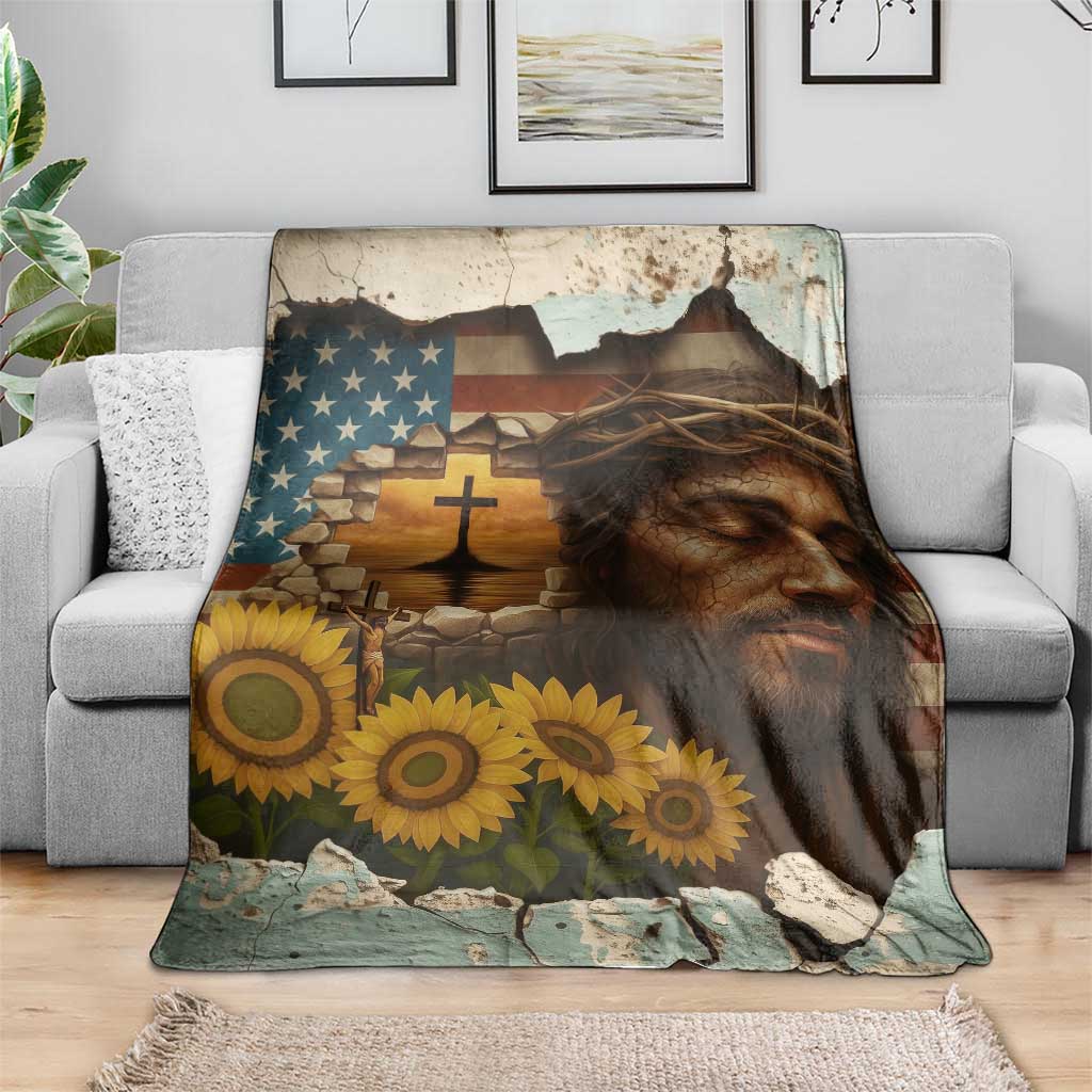 Christian American Cross Jesus Crown of Thorns Throw Blanket Patriotic Sunset with Sunflowers