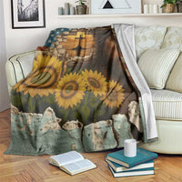 Christian American Cross Jesus Crown of Thorns Throw Blanket Patriotic Sunset with Sunflowers