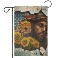 Christian American Cross Jesus Crown of Thorns Garden Flag Patriotic Sunset with Sunflowers