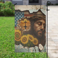 Christian American Cross Jesus Crown of Thorns Garden Flag Patriotic Sunset with Sunflowers