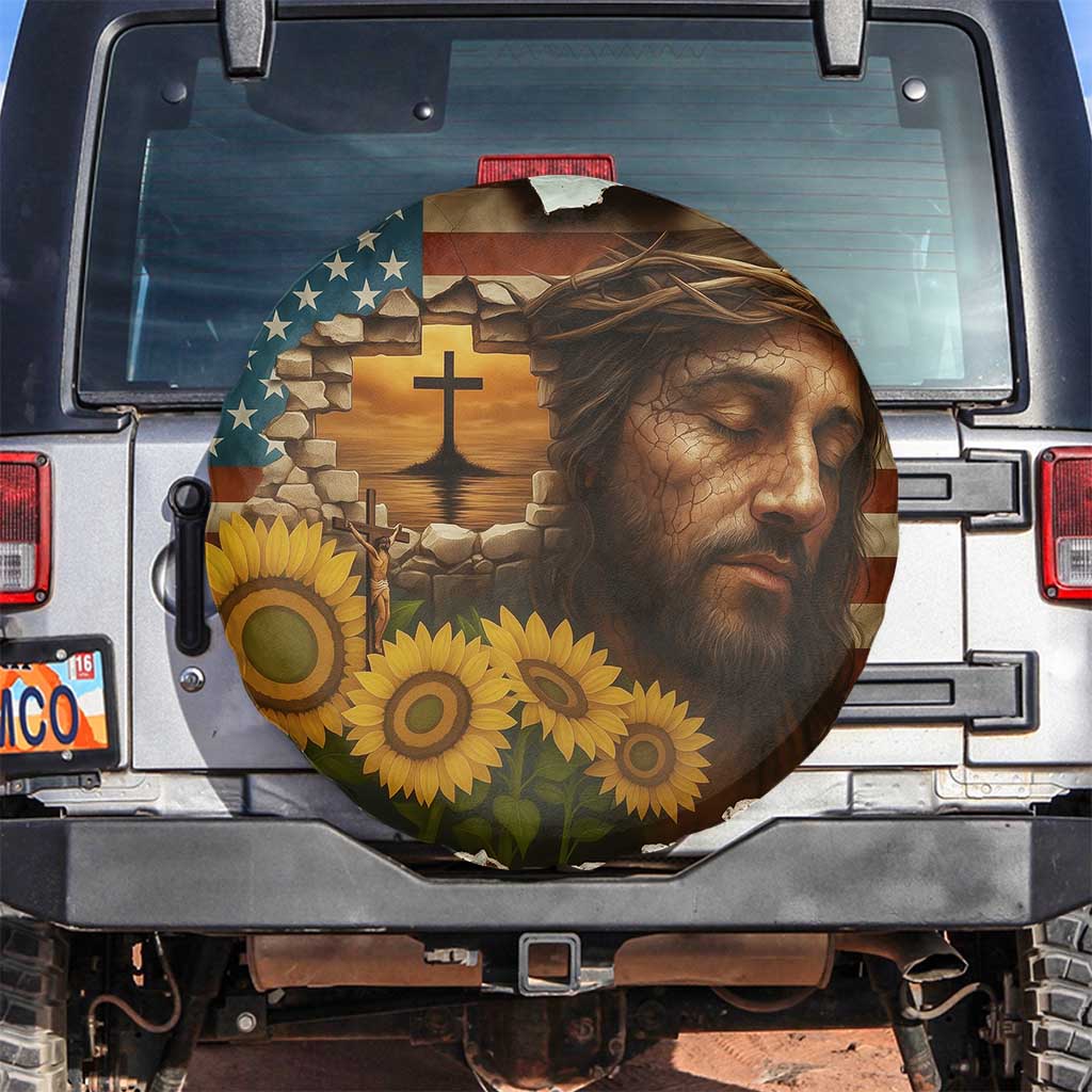 Christian American Cross Jesus Crown of Thorns Spare Tire Cover Patriotic Sunset with Sunflowers