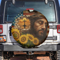 Christian American Cross Jesus Crown of Thorns Spare Tire Cover Patriotic Sunset with Sunflowers