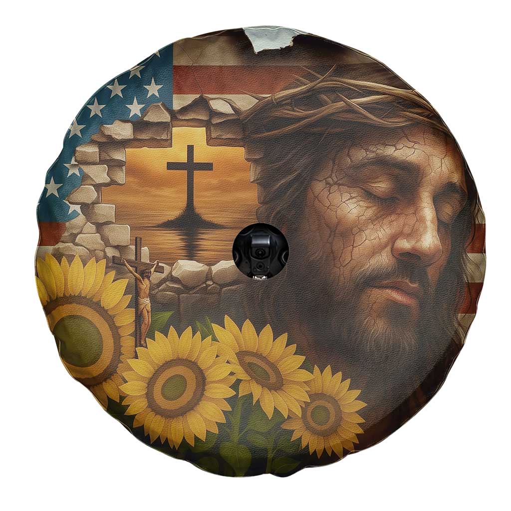 Christian American Cross Jesus Crown of Thorns Spare Tire Cover Patriotic Sunset with Sunflowers